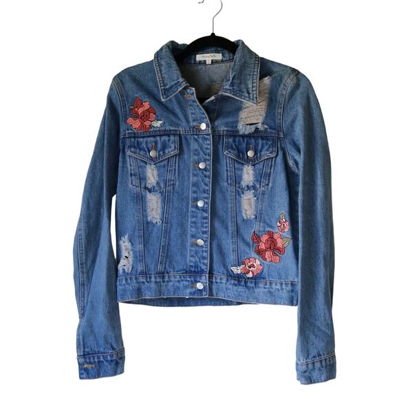 Women's Embroidered Distressed Denim Jacket Floral Medium - Picture 1 of 6